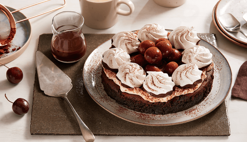 Chocolate Cherry Torte with Meringue Swirls