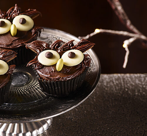Three chocolate cupcakes decorated with owl faces sit on a silver cake stand against a dark background.