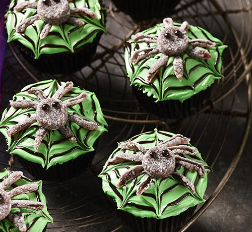 Chocolate cupcakes with green frosting and spider decorations sit on a round cooling rack.